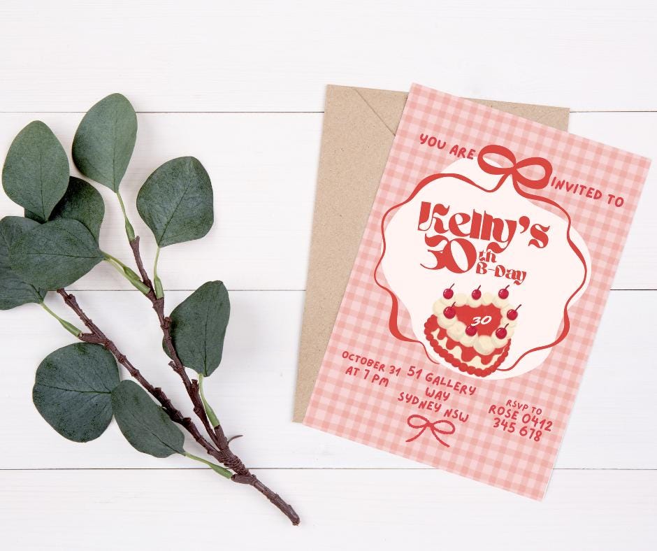 30th Birthday Invitation Cute Girly Cherry Cake Picnic Plaid Pretty Birthday Party Invitation Event Party Invite Milestone Millennial 1995