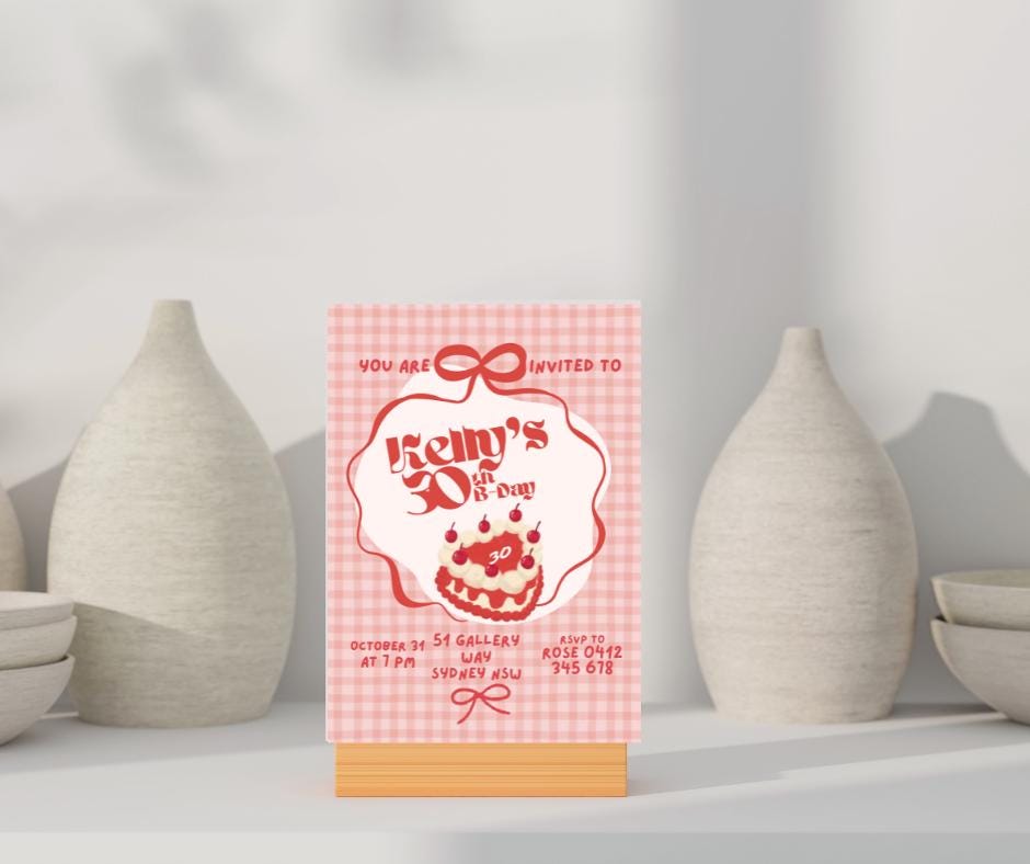 30th Birthday Invitation Cute Girly Cherry Cake Picnic Plaid Pretty Birthday Party Invitation Event Party Invite Milestone Millennial 1995