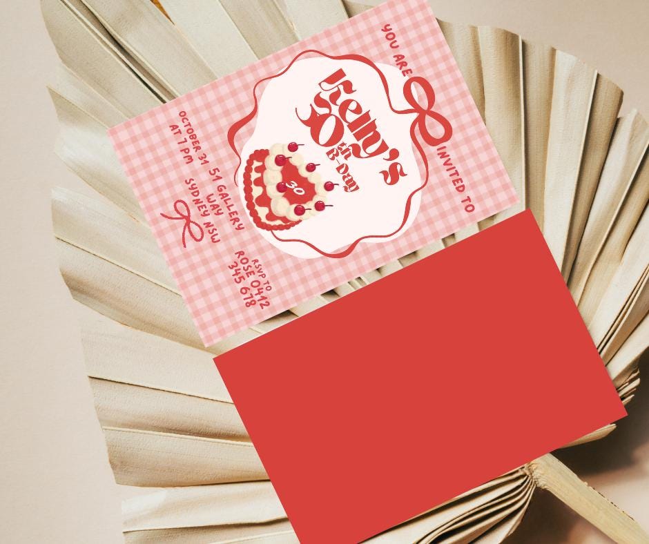 30th Birthday Invitation Cute Girly Cherry Cake Picnic Plaid Pretty Birthday Party Invitation Event Party Invite Milestone Millennial 1995