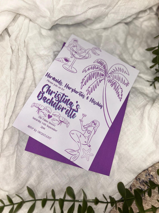 Mermaid Bachelorette Invitation - Purple Tropical Party Invite | Editable Canva Template | Instant Download