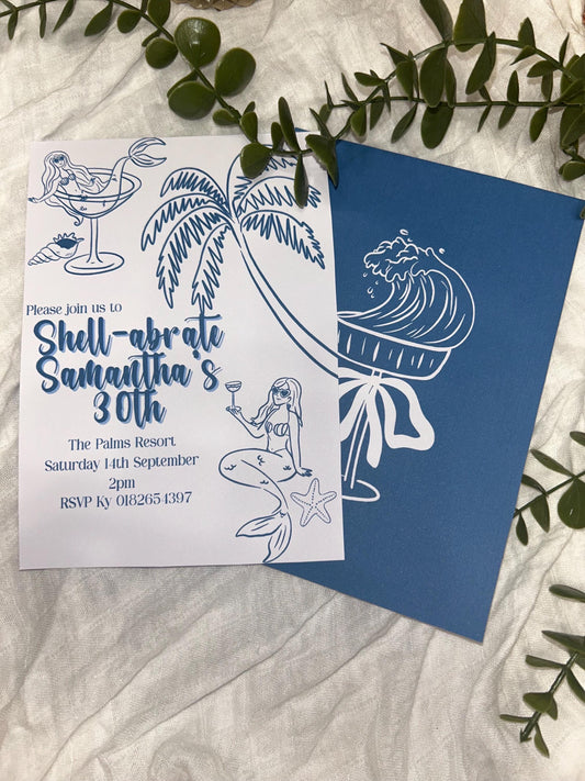 Shell-abrate Birthday Invitation - Blue Tropical Beach theme ladies invites 30th 21st theme birthday surprise party e-invite editable custom
