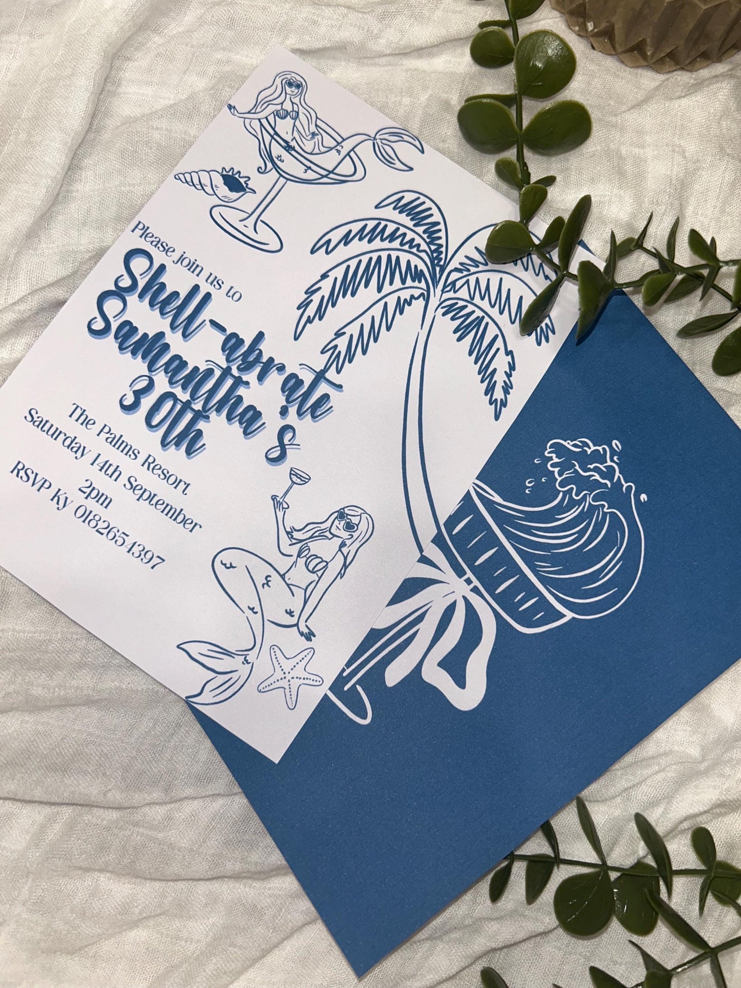Shell-abrate Birthday Invitation - Blue Tropical Beach theme ladies invites 30th 21st theme birthday surprise party e-invite editable custom