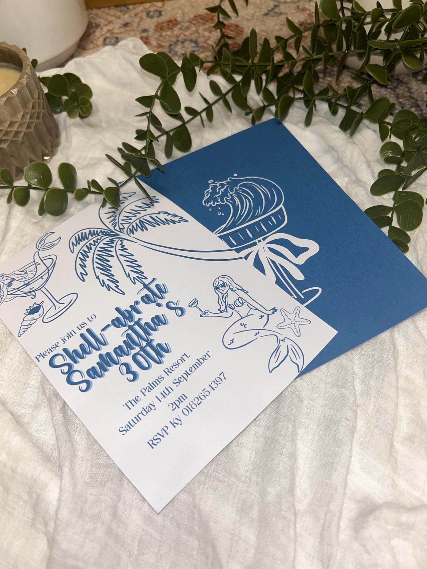 Shell-abrate Birthday Invitation - Blue Tropical Beach theme ladies invites 30th 21st theme birthday surprise party e-invite editable custom