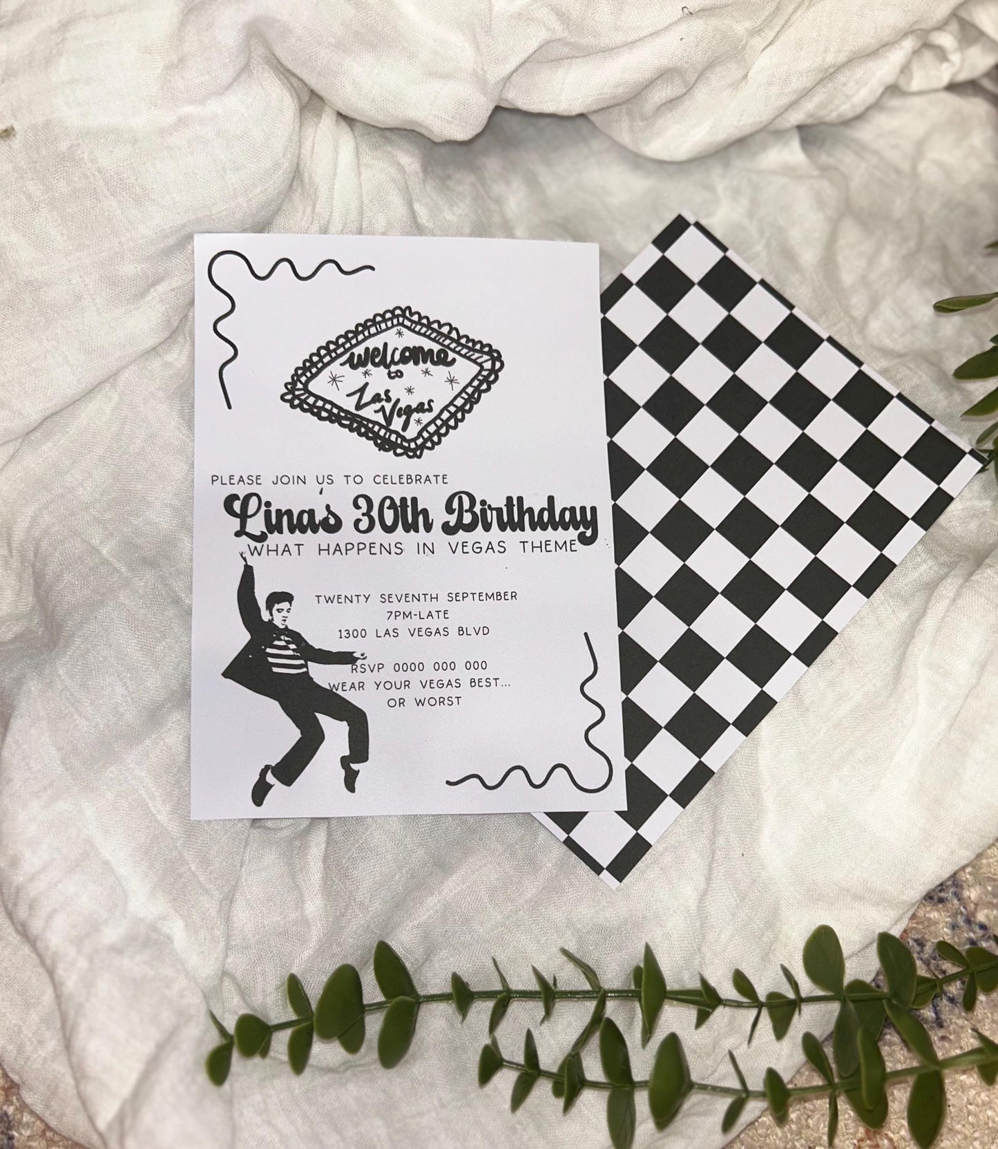 Elvis 30th 21st Ladies or Mens Birthday Invitation What happens in Vegas Viva Las Vegas Party, Casino Gambler Rock n Roll Theme Party Invite