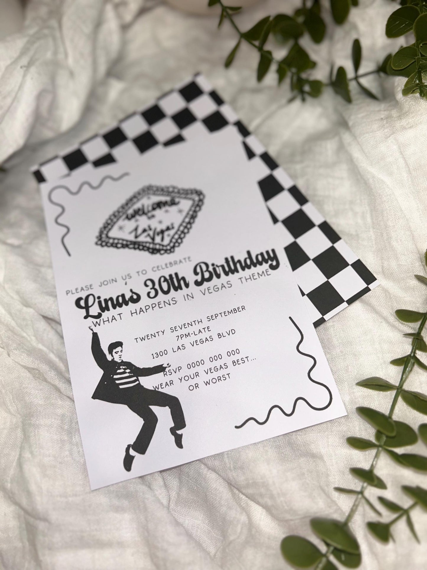 Elvis 30th 21st Ladies or Mens Birthday Invitation What happens in Vegas Viva Las Vegas Party, Casino Gambler Rock n Roll Theme Party Invite