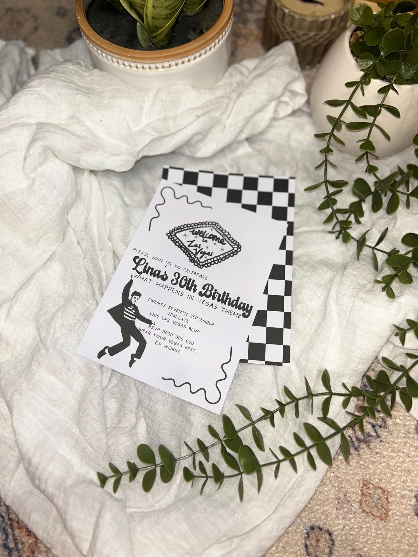 Elvis 30th 21st Ladies or Mens Birthday Invitation What happens in Vegas Viva Las Vegas Party, Casino Gambler Rock n Roll Theme Party Invite