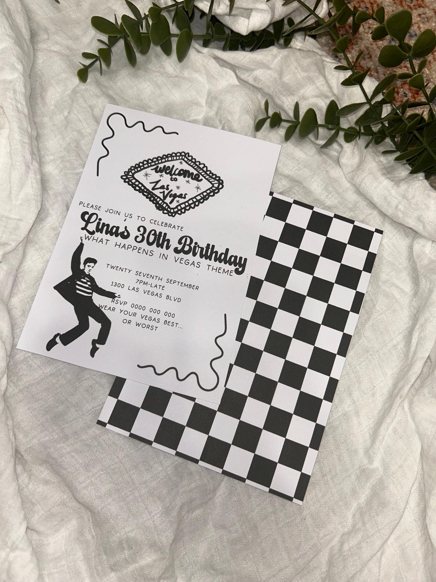 Elvis 30th 21st Ladies or Mens Birthday Invitation What happens in Vegas Viva Las Vegas Party, Casino Gambler Rock n Roll Theme Party Invite