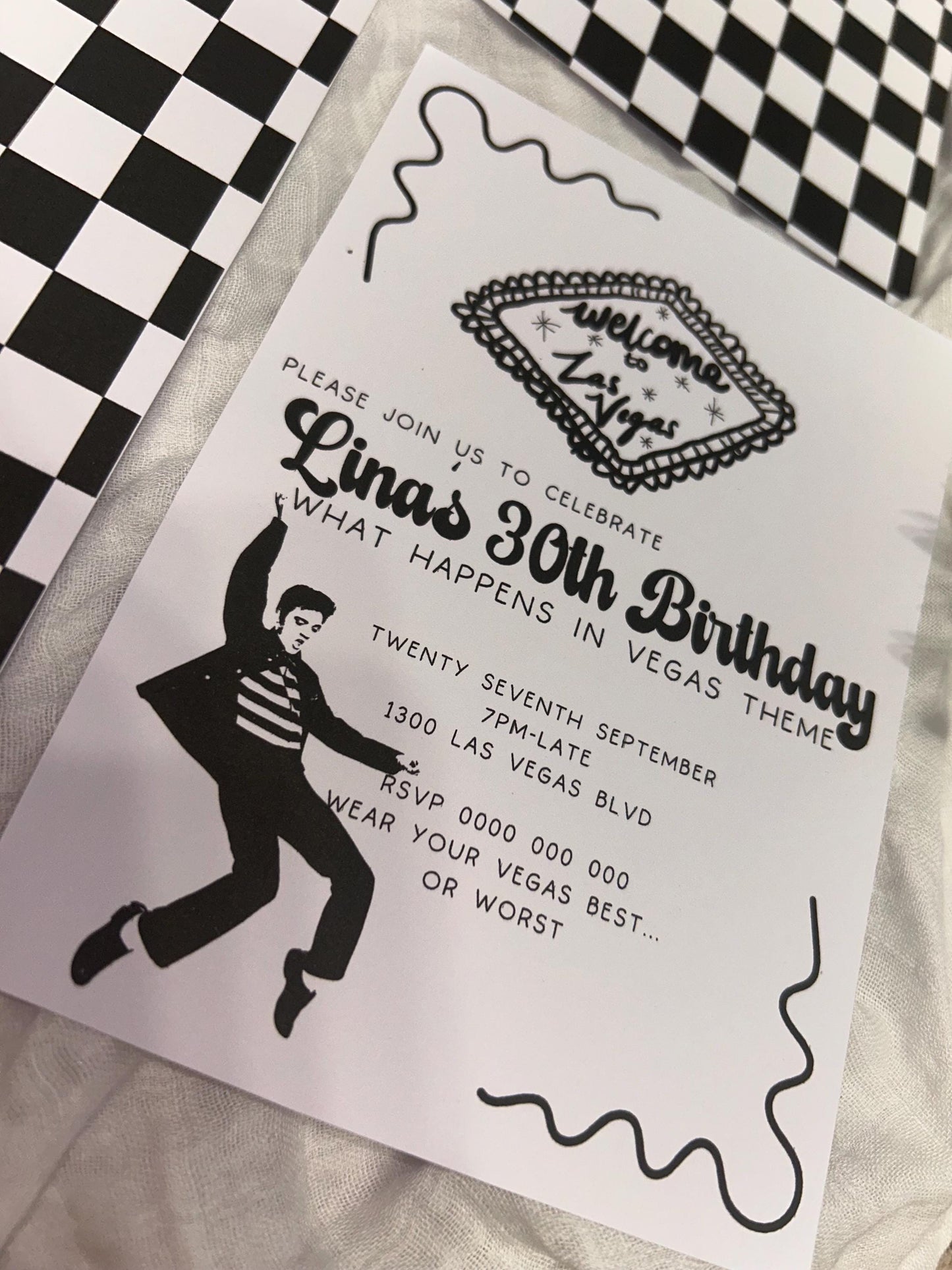 Elvis 30th 21st Ladies or Mens Birthday Invitation What happens in Vegas Viva Las Vegas Party, Casino Gambler Rock n Roll Theme Party Invite