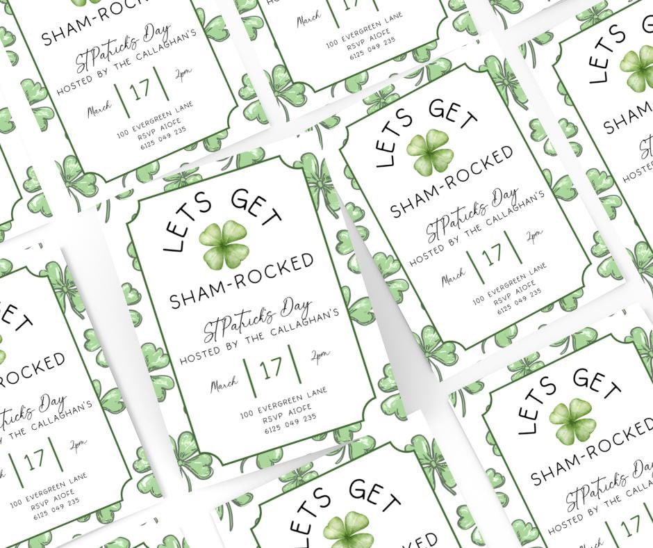 Lets Get Shamrocked Party Invitation for St Patricks Day, Green and white shamrock minimal design