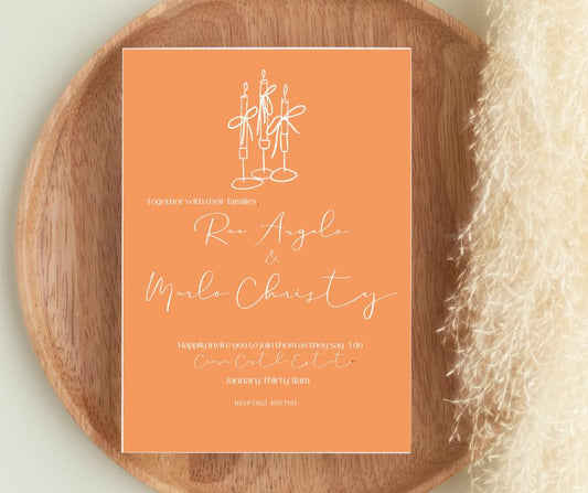 Gorgeous Burnt Orange Wedding Invitation with simple candlestick doodle art stunning script and elegant font