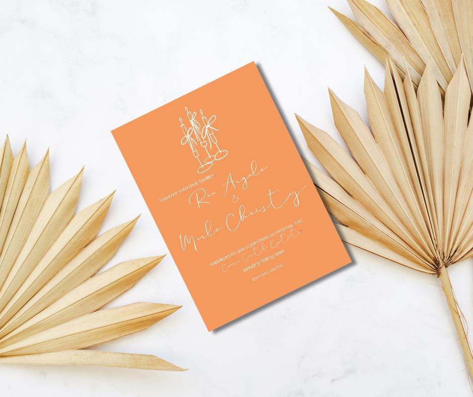 Modern Minimalist Wedding Invitation Orange Bright Simple Sleek Chic Elegant Elopement Party Reception Engagement Invite Eloping Candlestick