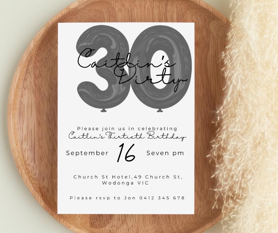 30th Birthday Invitation Milestone Party Invite Dirty thirty editable downloadable black white canva template 30 Balloon minimal 1995 95 30s