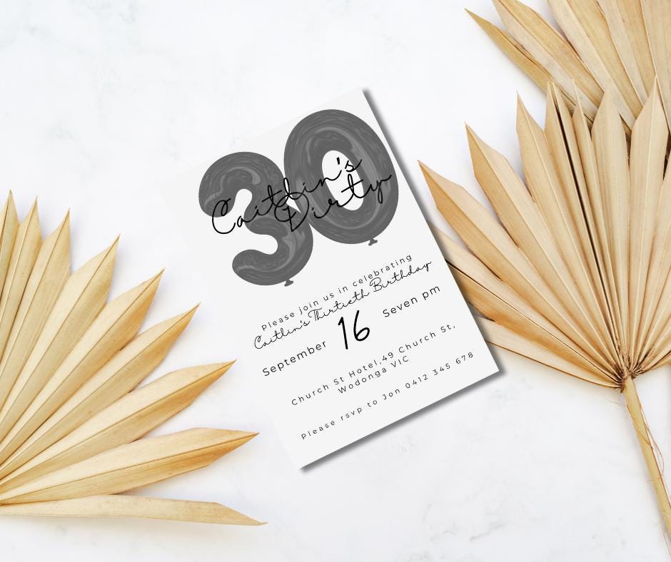 30th Birthday Invitation Milestone Party Invite Dirty thirty editable downloadable black white canva template 30 Balloon minimal 1995 95 30s