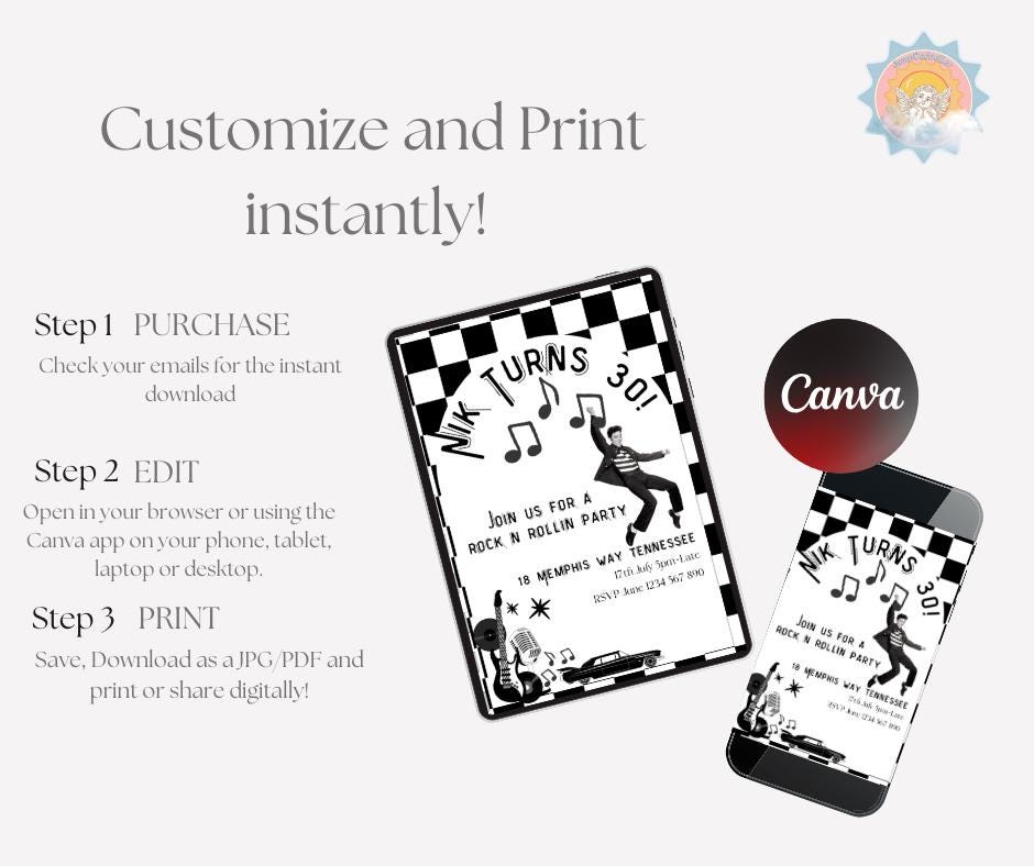 30th Birthday Invitation Rock n Roll Party Invite Musical thirty editable downloadable black white canva template 30 Elvis Vegas 1995 95 30s