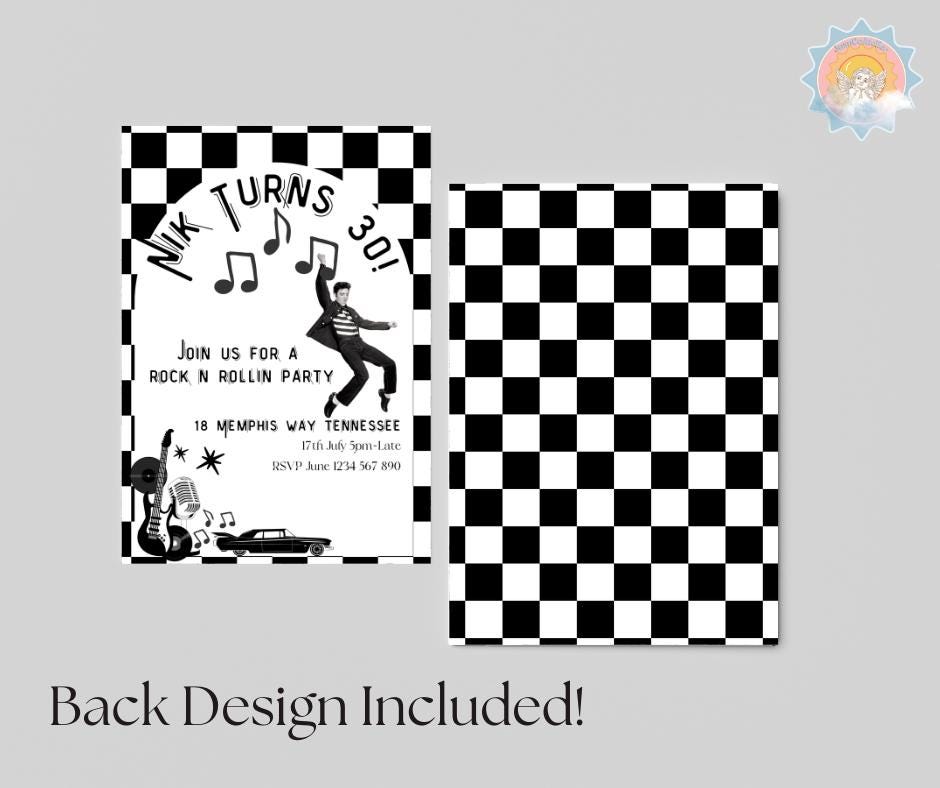 30th Birthday Invitation Rock n Roll Party Invite Musical thirty editable downloadable black white canva template 30 Elvis Vegas 1995 95 30s