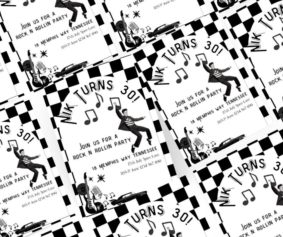 Black and white rock n roll grid pattern 30th birthday invitation featuring rock n roll instruments and elvis