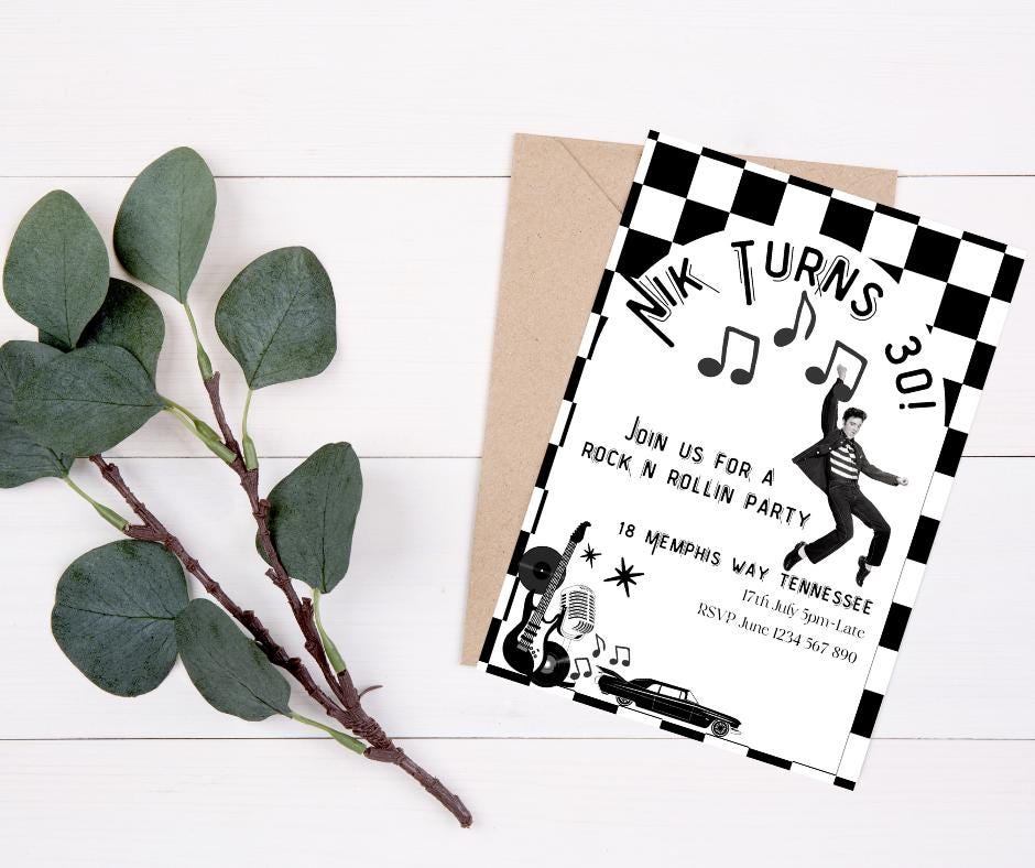 30th Birthday Invitation Rock n Roll Party Invite Musical thirty editable downloadable black white canva template 30 Elvis Vegas 1995 95 30s