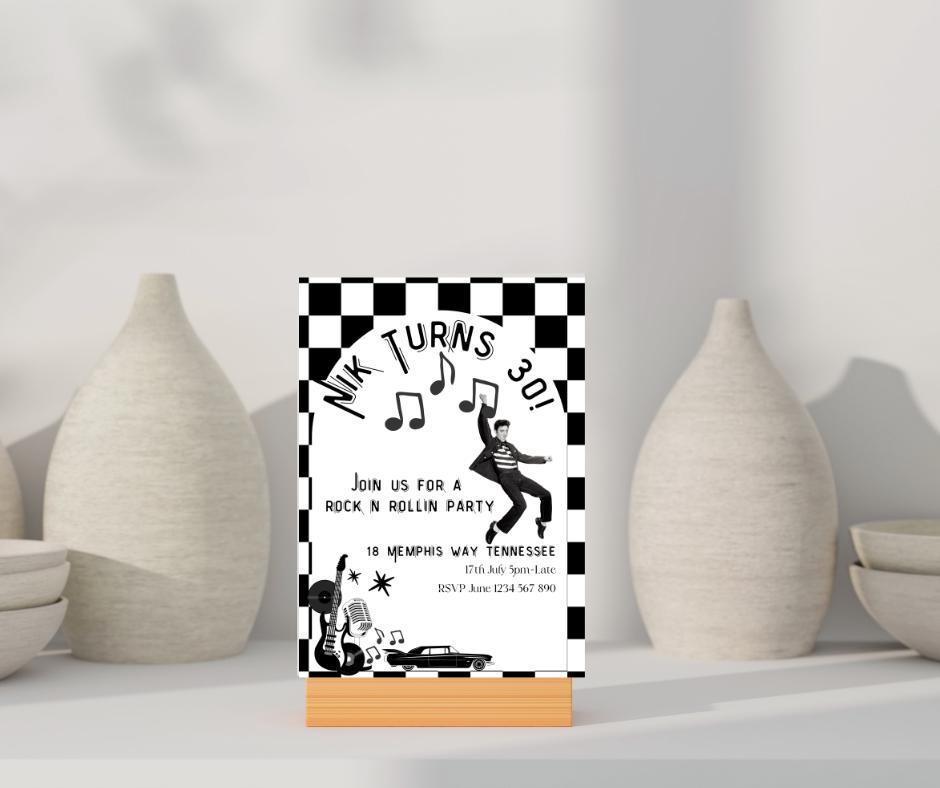 30th Birthday Invitation Rock n Roll Party Invite Musical thirty editable downloadable black white canva template 30 Elvis Vegas 1995 95 30s