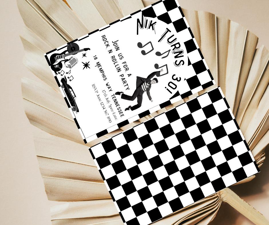 30th Birthday Invitation Rock n Roll Party Invite Musical thirty editable downloadable black white canva template 30 Elvis Vegas 1995 95 30s
