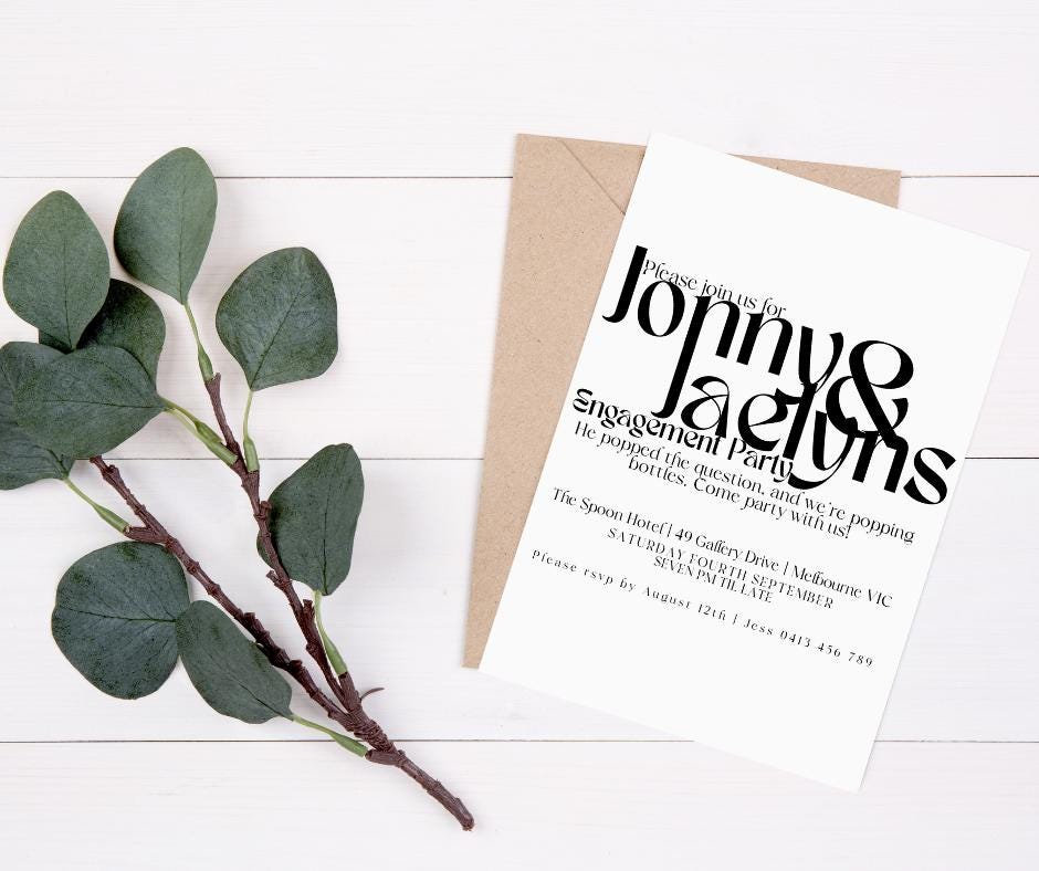Funky Modern Engagement Party Invitations Simple black white fresh elegant chic script invites wedding event invitation bride groom to be