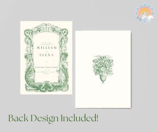 Baroque Classy Wedding Invitation Filigree Lace Green Elopement Bridal Elegance Royal Design Invite Template Digital Download Elegant Fancy