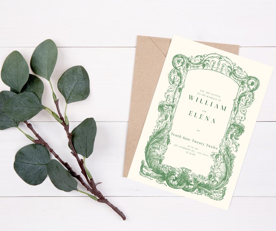 Baroque Classy Wedding Invitation Filigree Lace Green Elopement Bridal Elegance Royal Design Invite Template Digital Download Elegant Fancy