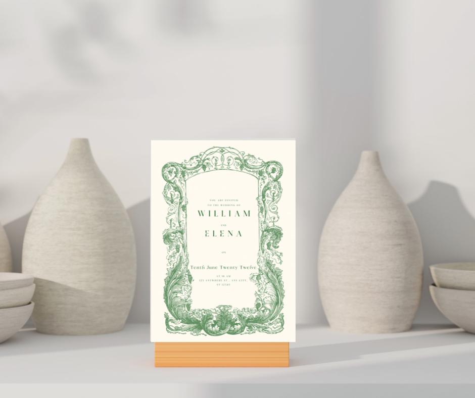 Baroque Classy Wedding Invitation Filigree Lace Green Elopement Bridal Elegance Royal Design Invite Template Digital Download Elegant Fancy