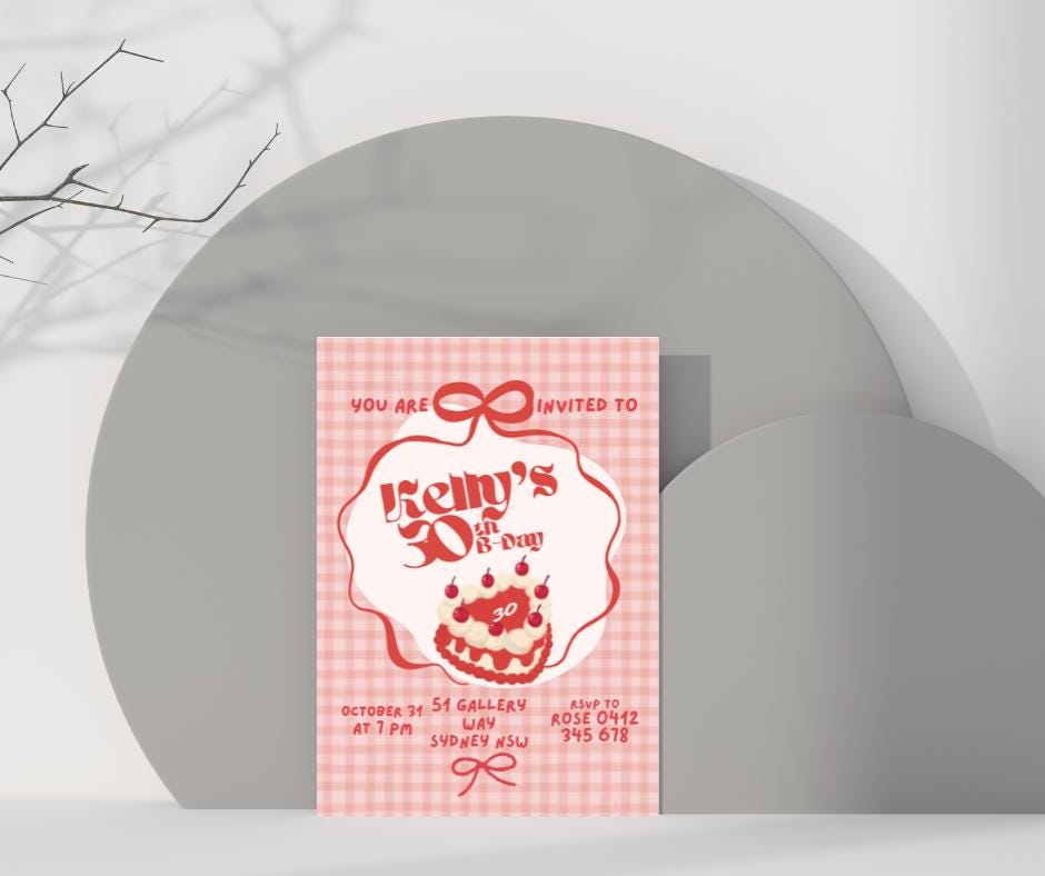 30th Birthday Invitation Cute Girly Cherry Cake Picnic Plaid Pretty Birthday Party Invitation Event Party Invite Milestone Millennial 1995