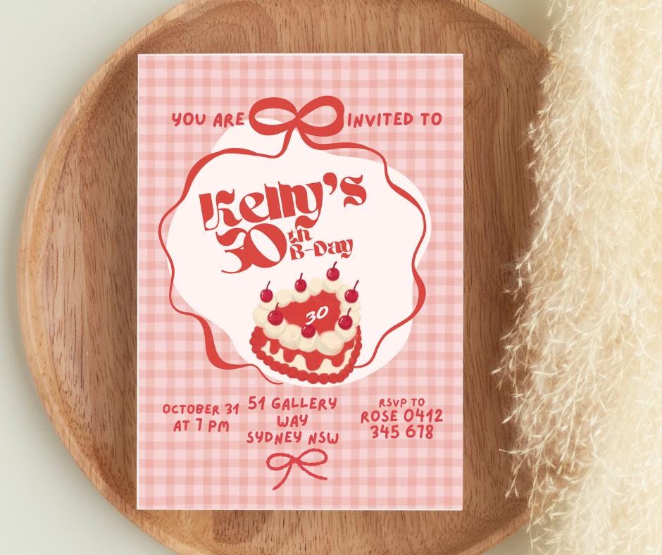 30th Birthday Invitation Cute Girly Cherry Cake Picnic Plaid Pretty Birthday Party Invitation Event Party Invite Milestone Millennial 1995