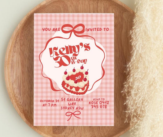 30th Birthday Invitation Cute Girly Cherry Cake Picnic Plaid Pretty Birthday Party Invitation Event Party Invite Milestone Millennial 1995