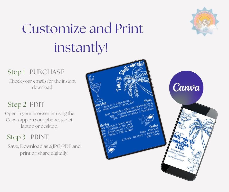 Shell-abrate Invitation Package - Blue Tropical Beach theme ladies invites 30th 21st theme birthday surprise party e-invite editable custom