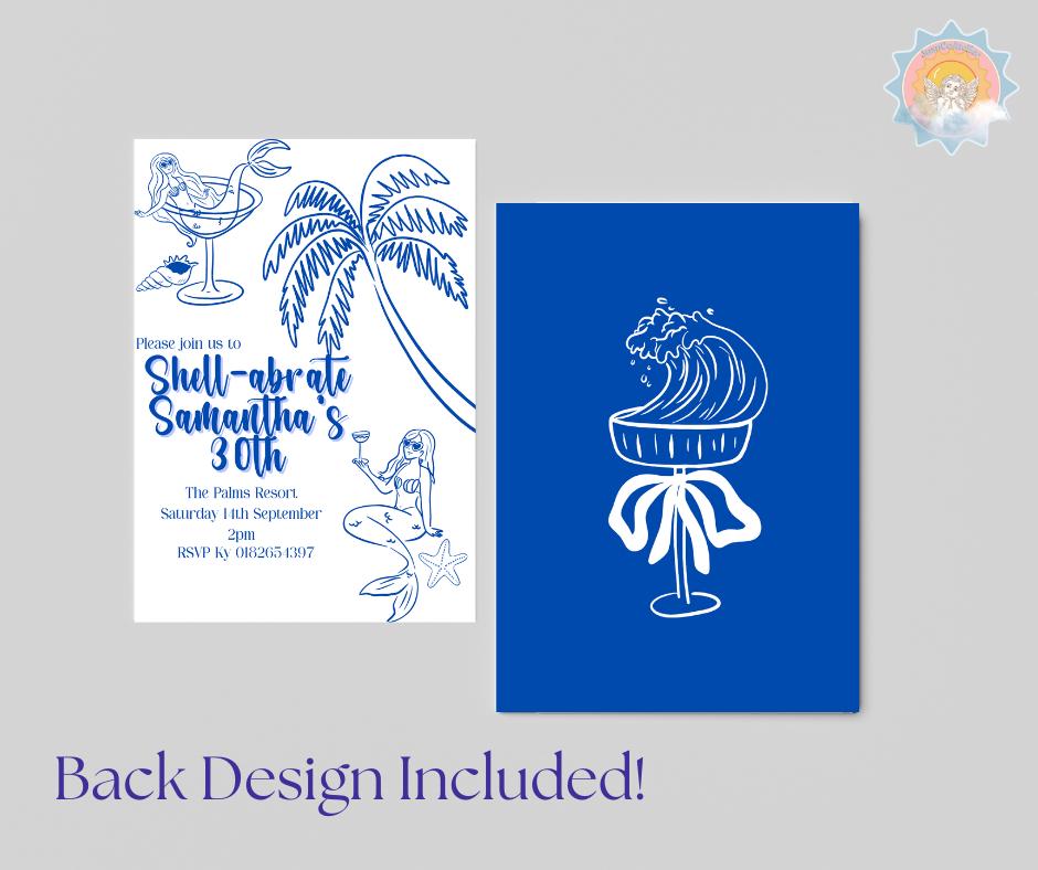 Shell-abrate Invitation Package - Blue Tropical Beach theme ladies invites 30th 21st theme birthday surprise party e-invite editable custom