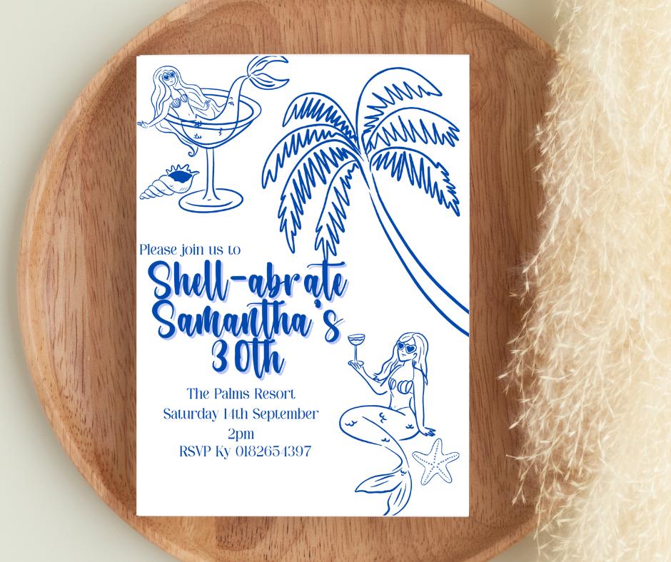 Shell-abrate Invitation Package - Blue Tropical Beach theme ladies invites 30th 21st theme birthday surprise party e-invite editable custom
