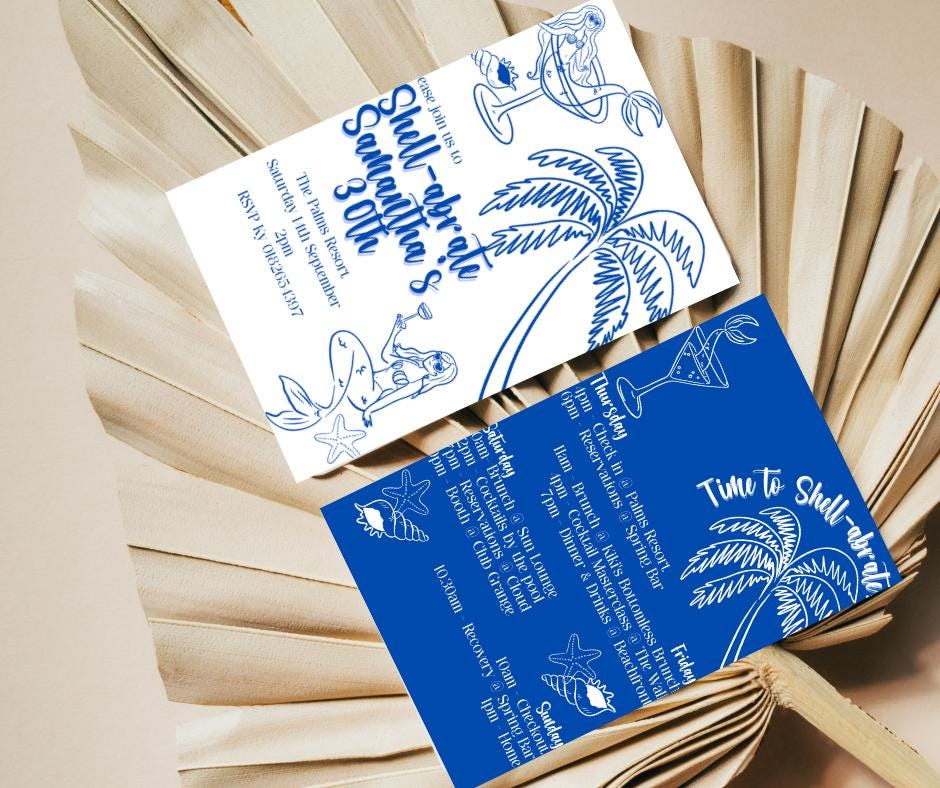 Shell-abrate Invitation Package - Blue Tropical Beach theme ladies invites 30th 21st theme birthday surprise party e-invite editable custom