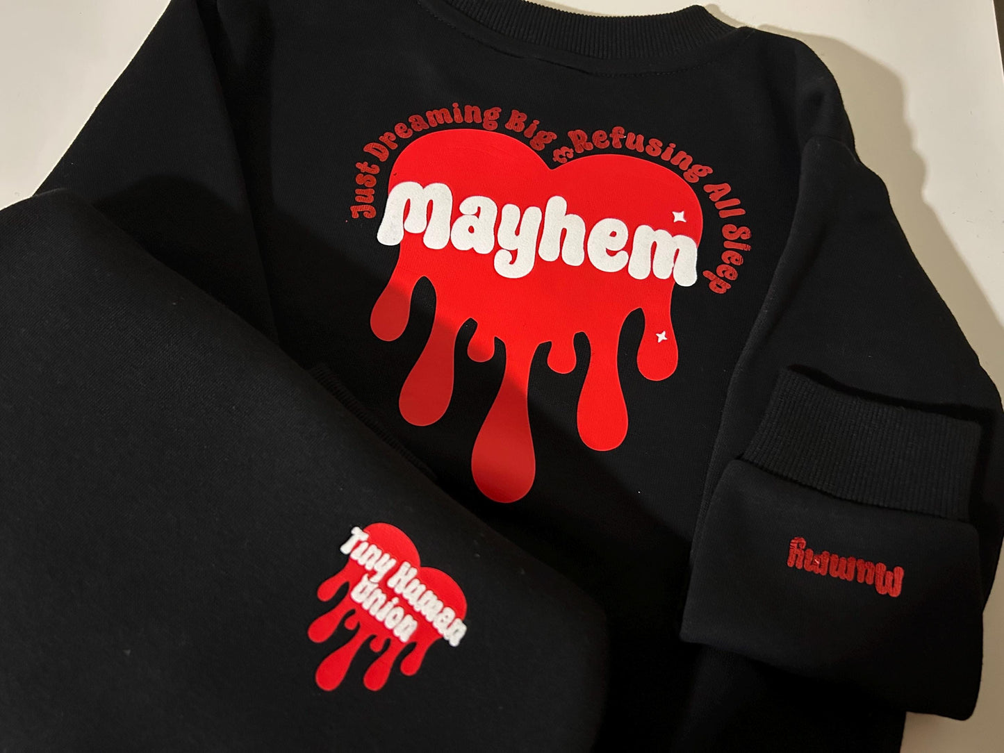Matching kids Mother’s Day sweatshirt - Mother of Mayhem, Tiny Human Union, MoM, family matching jumpers crewneck personalised mum gift
