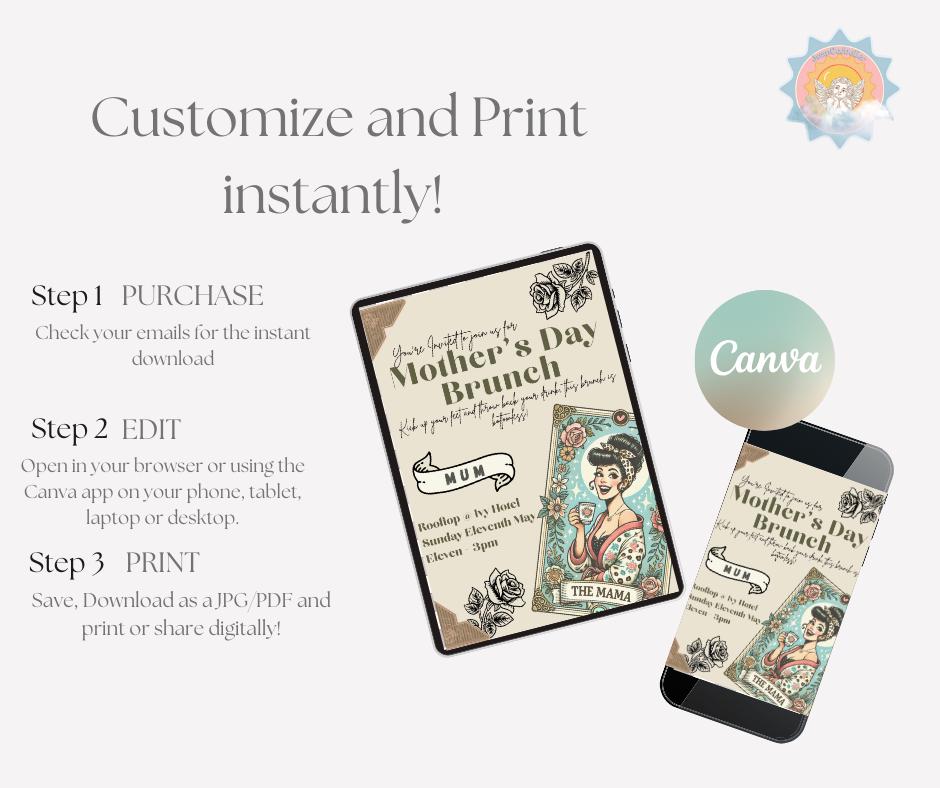 Mother's Day Bottomless Brunch Invitation - Mom Mum Mummy Mother Grandmother Celebration Invitation Happy Moms Day Retro Tattoo Inspired mum