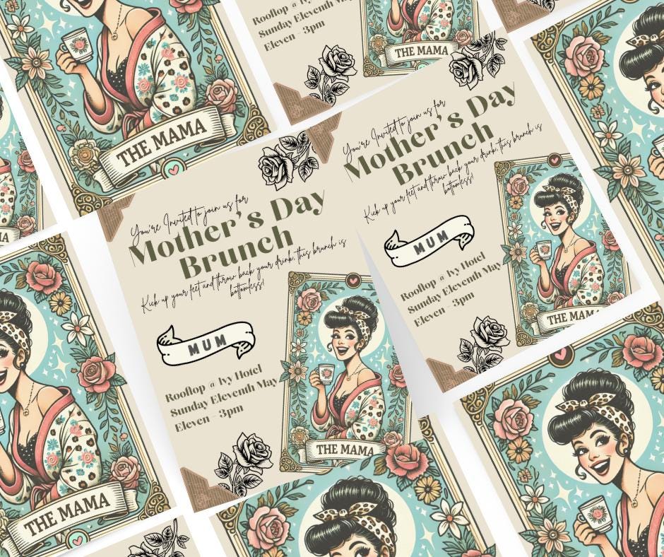 Mother's Day Bottomless Brunch Invitation - Mom Mum Mummy Mother Grandmother Celebration Invitation Happy Moms Day Retro Tattoo Inspired mum
