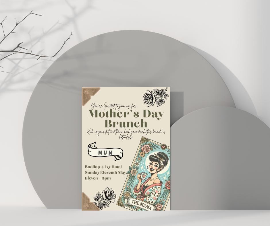 Mother's Day Bottomless Brunch Invitation - Mom Mum Mummy Mother Grandmother Celebration Invitation Happy Moms Day Retro Tattoo Inspired mum
