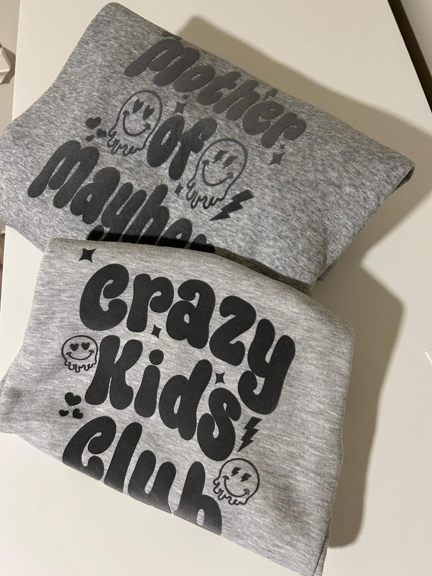 Crazy Club GreyMatching kids and mum Mother’s Day sweatshirt - Mother of Mayhem, MoM, family matching jumpers crewneck personalised mum gift