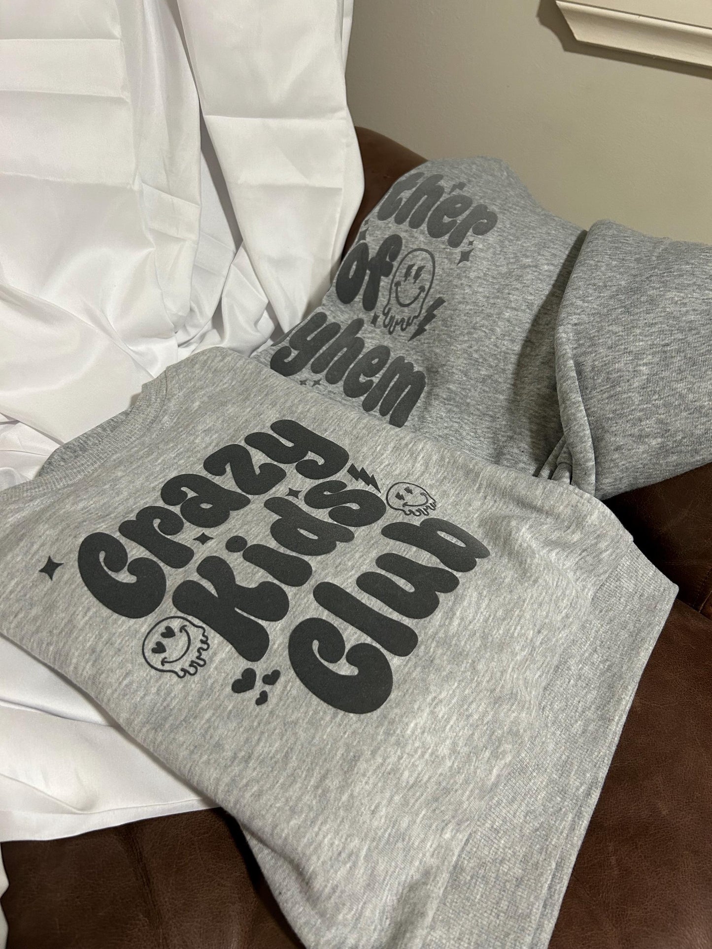 Crazy Club GreyMatching kids and mum Mother’s Day sweatshirt - Mother of Mayhem, MoM, family matching jumpers crewneck personalised mum gift