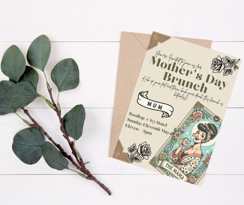 Mother's Day Bottomless Brunch Invitation - Mom Mum Mummy Mother Grandmother Celebration Invitation Happy Moms Day Retro Tattoo Inspired mum