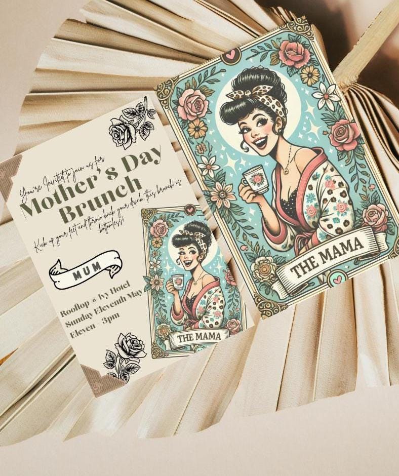 Mother's Day Bottomless Brunch Invitation - Mom Mum Mummy Mother Grandmother Celebration Invitation Happy Moms Day Retro Tattoo Inspired mum