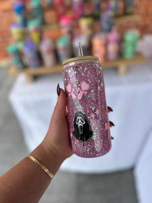 Ghost face Double Walled Glass Cup W/ lid & straw