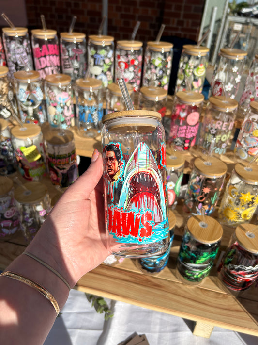 Jaws - 16oz Glass Cup w/Bamboo Lid & Glass Straw