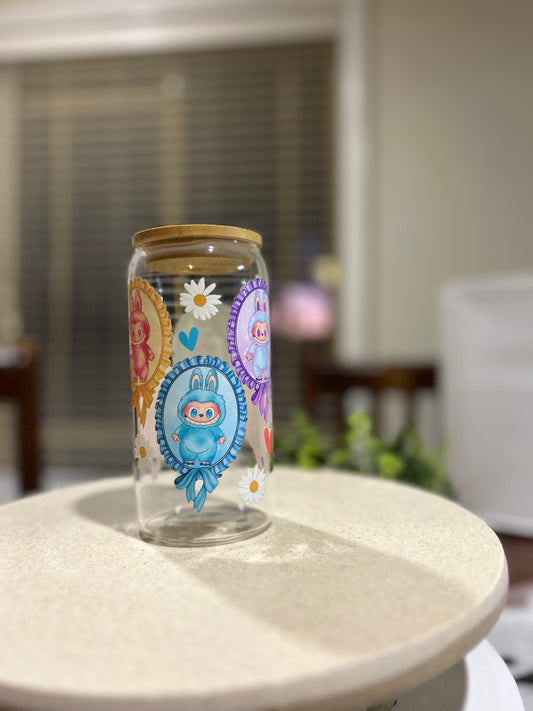 Labubu Glass Cup W/bamboo lid & glass straw