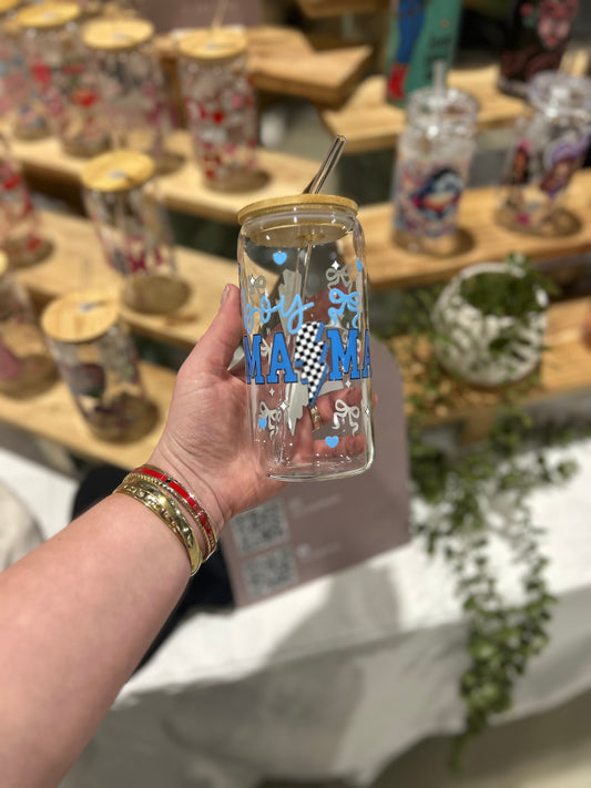 Boy Mama Glass Cup W/bamboo lid & glass straw