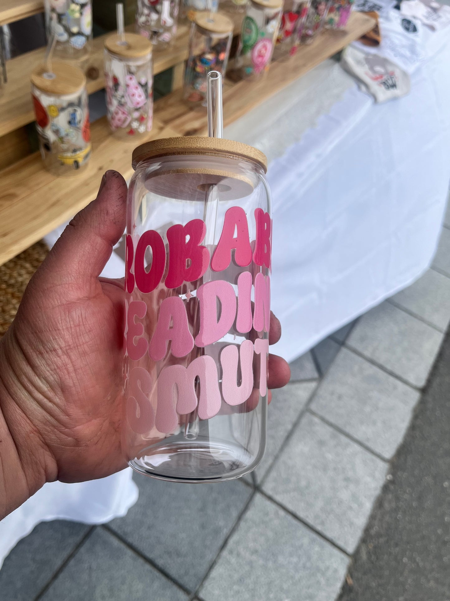 Smutty Glass Cup W/bamboo lid & glass straw