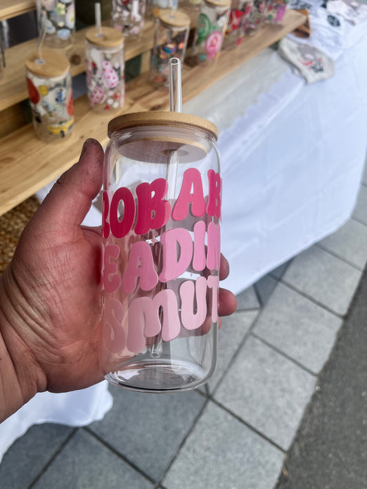 Smutty Glass Cup W/bamboo lid & glass straw