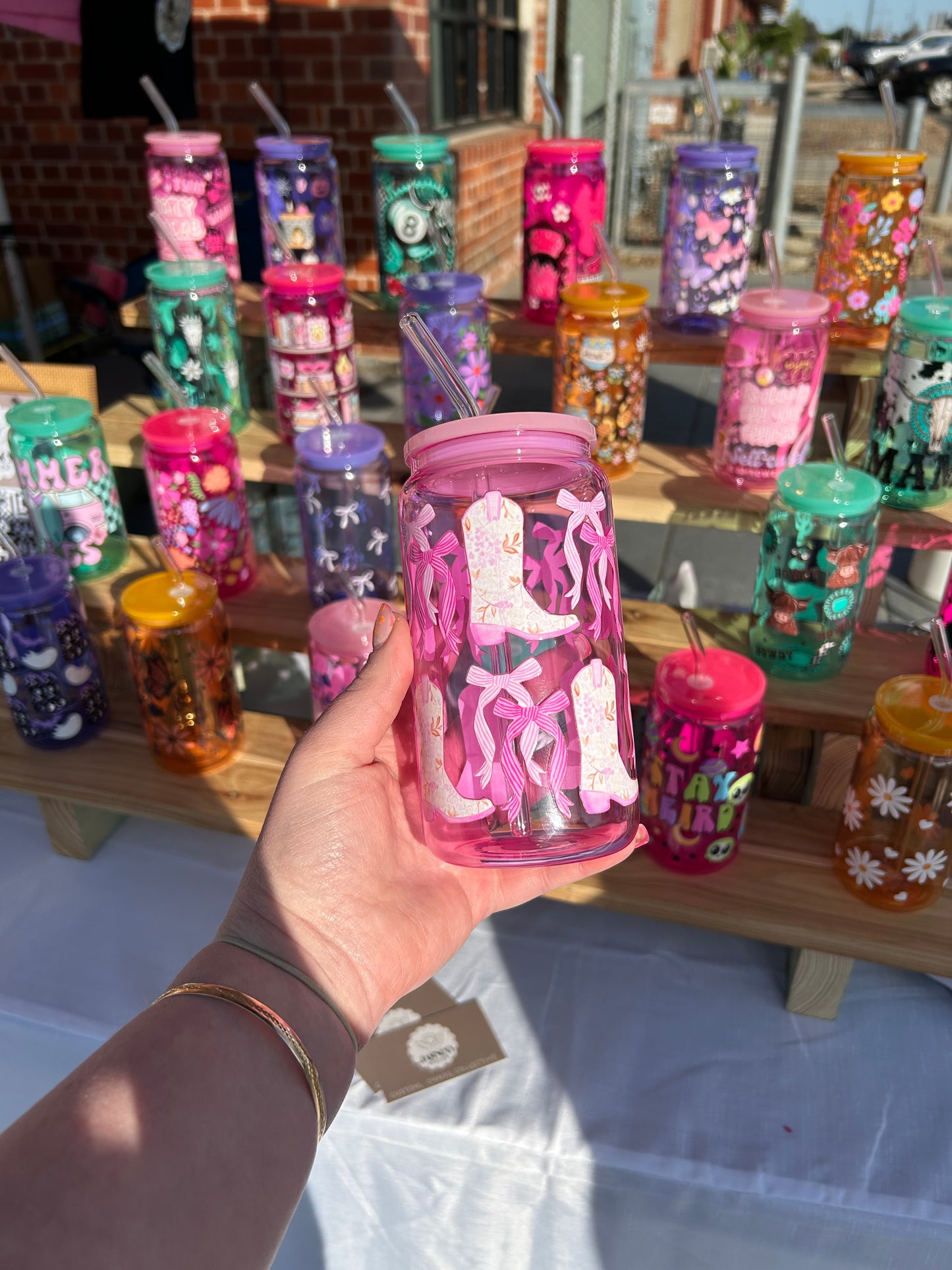 Pink Boots - 16oz Glass Cup w/Bamboo Lid & Glass Straw