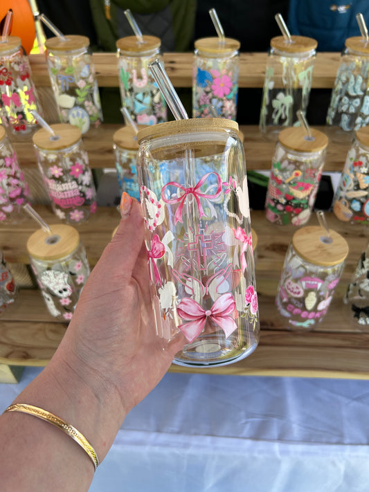 Cutesie Cross - 16oz Glass Cup w/Bamboo Lid & Glass Straw